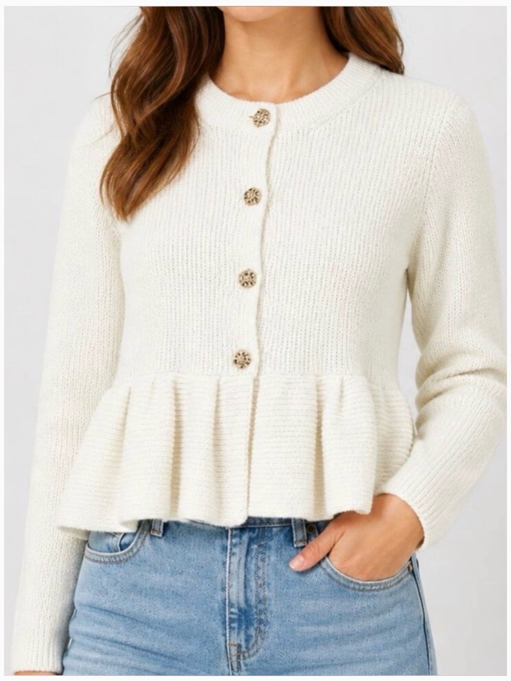 En Saison White Peplum Cardigan Wool Blend Knit Sweater Preppy Coquette Small